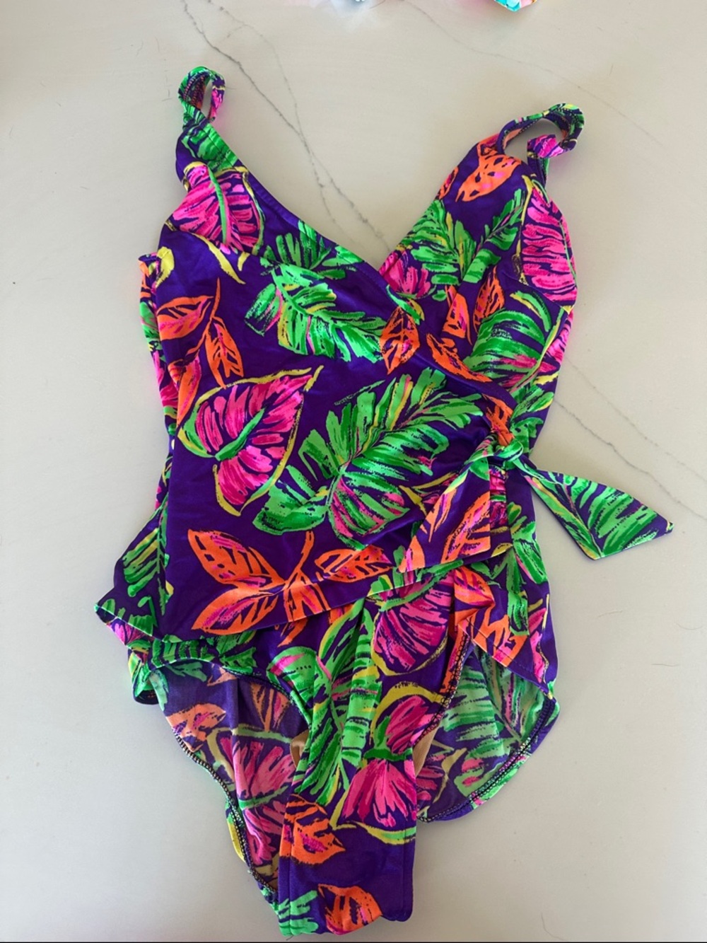 Women  Purple Tropical Leaf One-Piece Swimsuit with Side Tie vintage